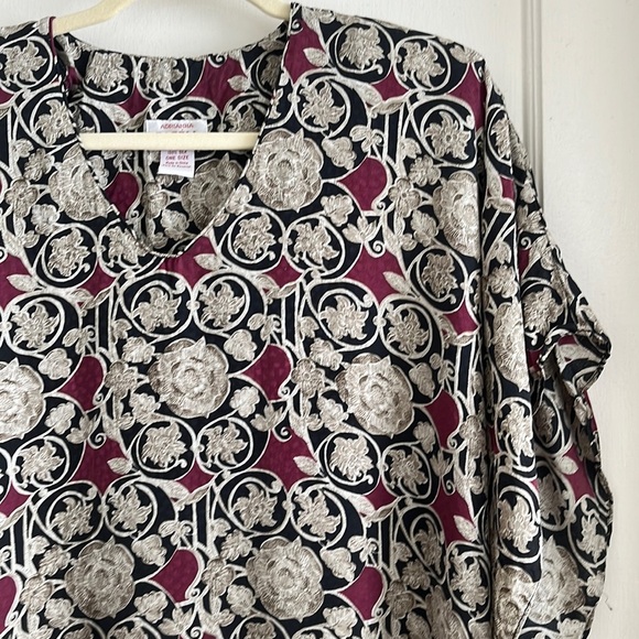 Adrianna Papell 100% Silk Caftan Black Tan Maroon Print One Size Kaftan Vintage - Picture 3 of 16